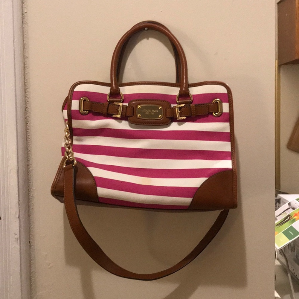 Pink and white stripped Michael Kors Satchel Tote
